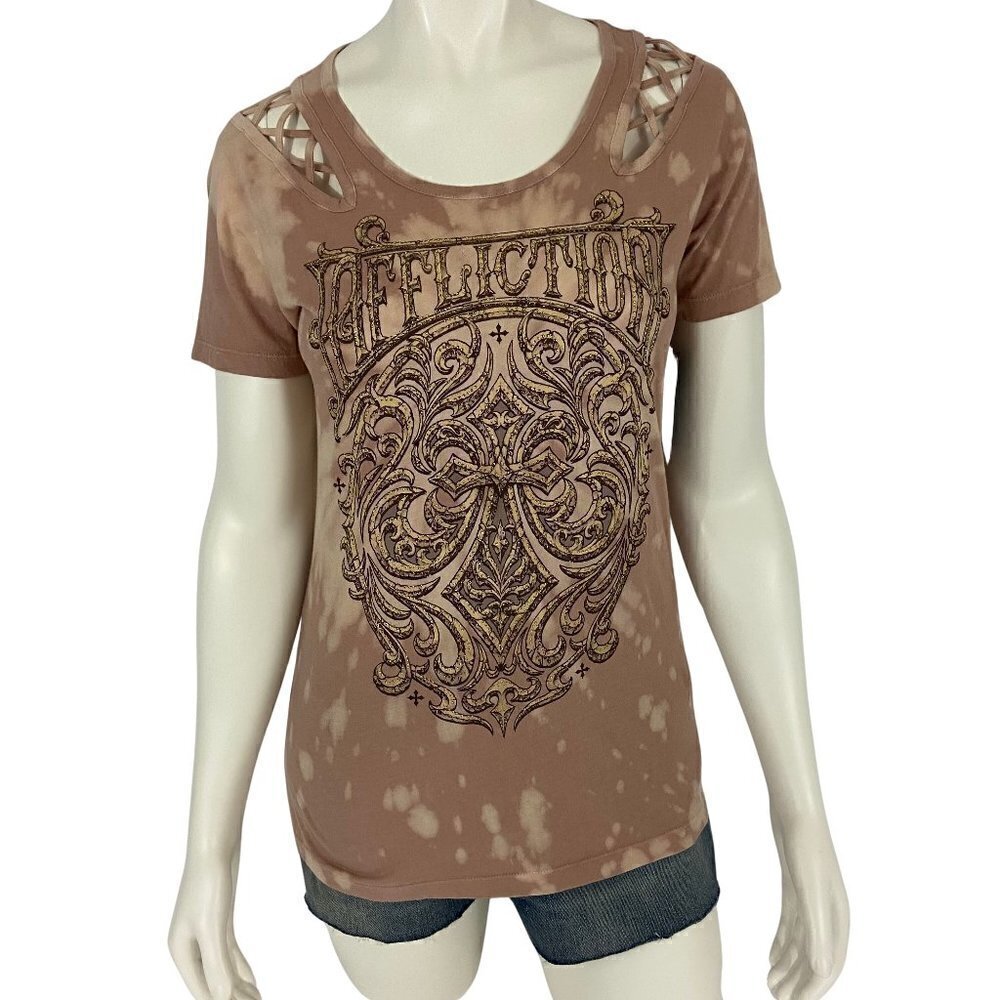 Affliction Women's T-Shirt Top Tie-Dye Open Laced Shoulders Size S Cotton NWT